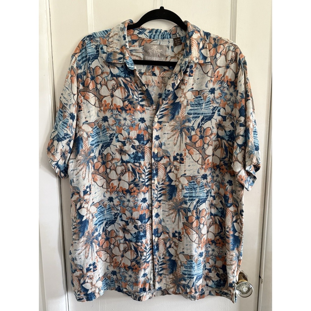 Jimmy Buffett Margaritaville Hawaiian Camp SS Silk/Linen Shirt Lyrics Mexico XL